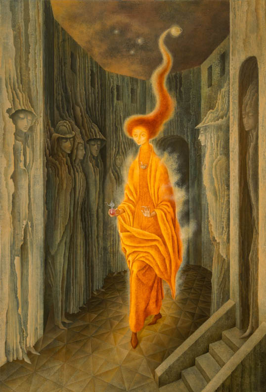 Remedios Varo, La llamada (The Call), 1961; Oil on Masonite, 42 x 31 x 1 1/2 in.; National Museum of Women in the Arts, Gift from Private Collection; Photo by Lee Stalsworth