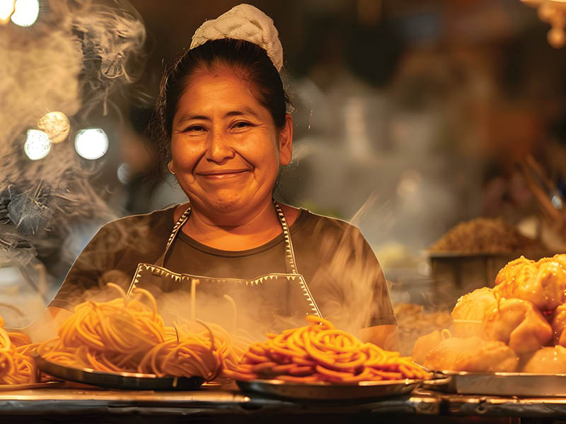 Mexican woman selling traditional street food in Mexico City. Concept Street Food Vendors, Mexican Culture, Local Cuisine, Traditional Markets