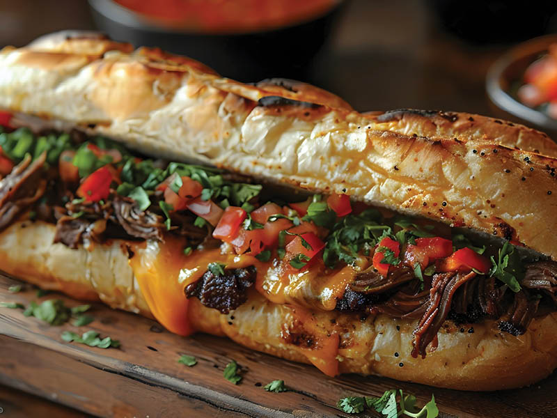 Mexican Suadero Torta traditional sandwich with tender beef in Mexico. Concept Mexican Cuisine, Suadero Torta, Traditional Sandwich, Mexican Street Food, Beef Sandwich