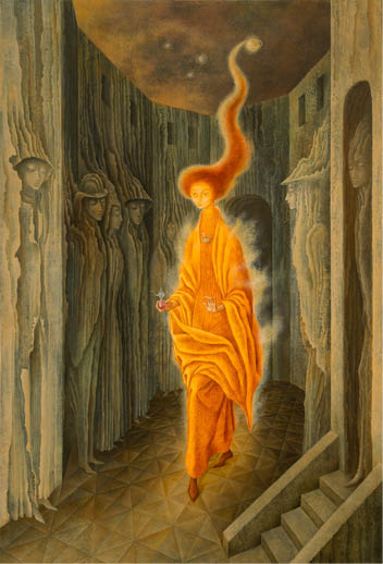 Remedios Varo, La llamada (The Call), 1961; Oil on Masonite, 42 x 31 x 1 1/2 in.; National Museum of Women in the Arts, Gift from Private Collection; Photo by Lee Stalsworth