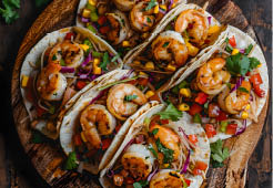 A wooden cutting board topped with shrimp tacos, a delicious dish made with fresh seafood, vegetables, and flavorful seasonings