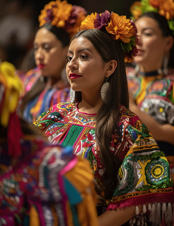 Mexican folkloric dancers group celebrating independence day. Generative AI vertical shot