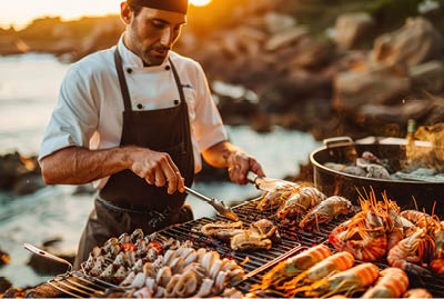 A chef preparing a mouthwatering seafood barbecue feast by the sea.