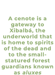 A cenote is a gateway to Xibalb , the underworld that is home to spirits of the dead and to the small statured forest...