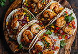A wooden cutting board topped with shrimp tacos, a delicious dish made with fresh seafood, vegetables, and flavorful seasonings