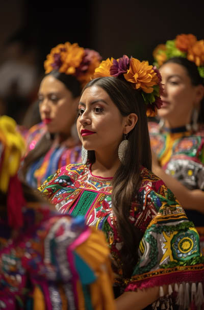 Mexican folkloric dancers group celebrating independence day. Generative AI vertical shot