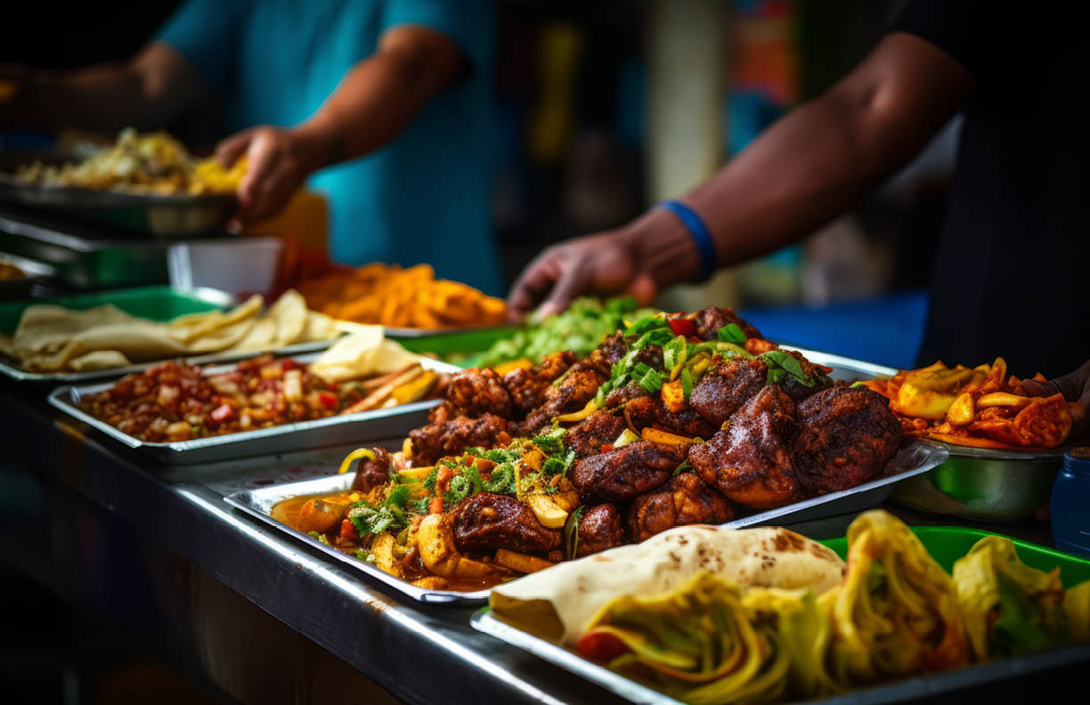 Doubles, Trinidadian, street food, vendor, preparation, toppings, sauces, customers, vibrant, scene, delicacy, popular, colorful, served, eager, skillful, Caribbean, cuisine, culture, traditional, spicy, chickpeas, flatbread, curry, chutney, handheld, snack, fast food, tasty, exotic