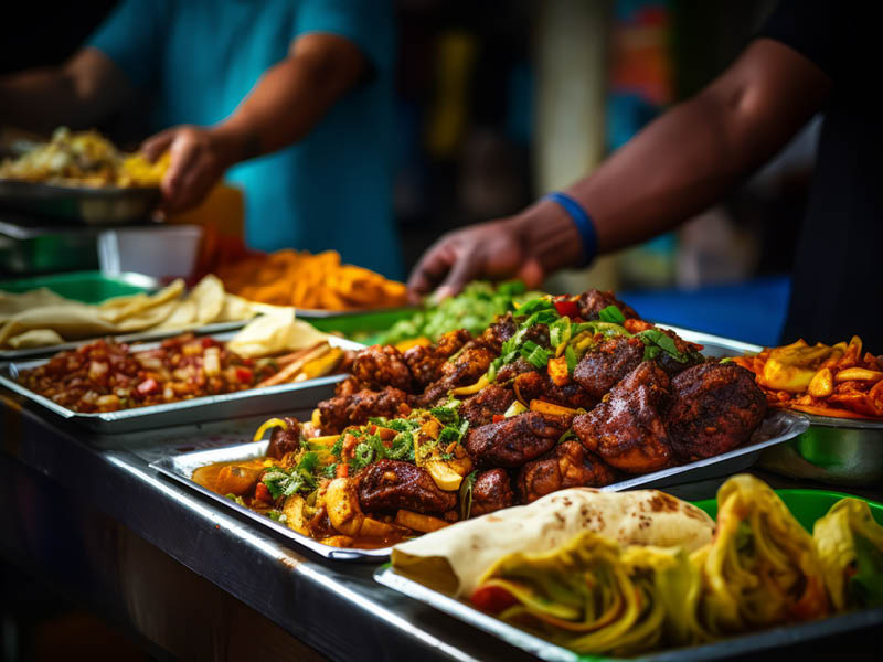 Doubles, Trinidadian, street food, vendor, preparation, toppings, sauces, customers, vibrant, scene, delicacy, popular, colorful, served, eager, skillful, Caribbean, cuisine, culture, traditional, spicy, chickpeas, flatbread, curry, chutney, handheld, snack, fast food, tasty, exotic