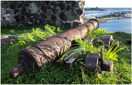 An old cannon on Fort Louis overlooks the harbour at Marigot, on the French side of the island of St Martin