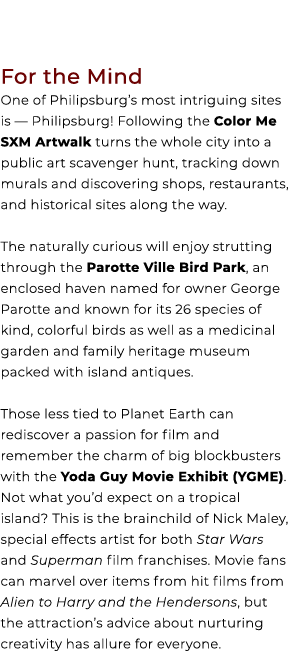 For the Mind One of Philipsburg’s most intriguing sites is — Philipsburg! Following the Color Me SXM Artwalk turns th...
