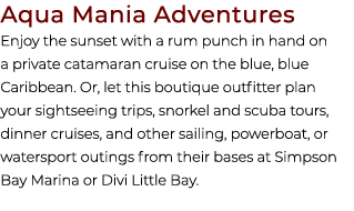 Aqua Mania Adventures Enjoy the sunset with a rum punch in hand on a private catamaran cruise on the blue, blue Carib...