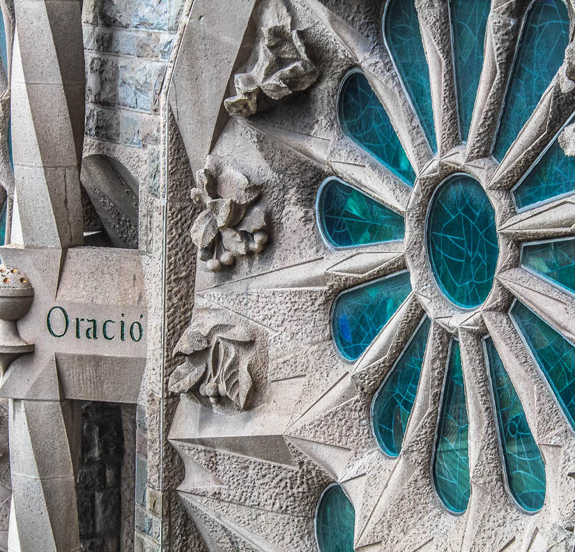 Barcelona, Spain - April 19, 2017: Facade of the Cathedral of Sagrada Familia. Church in the Eixample district, built on private donations since 1882; famous project by Antonio Gaudi