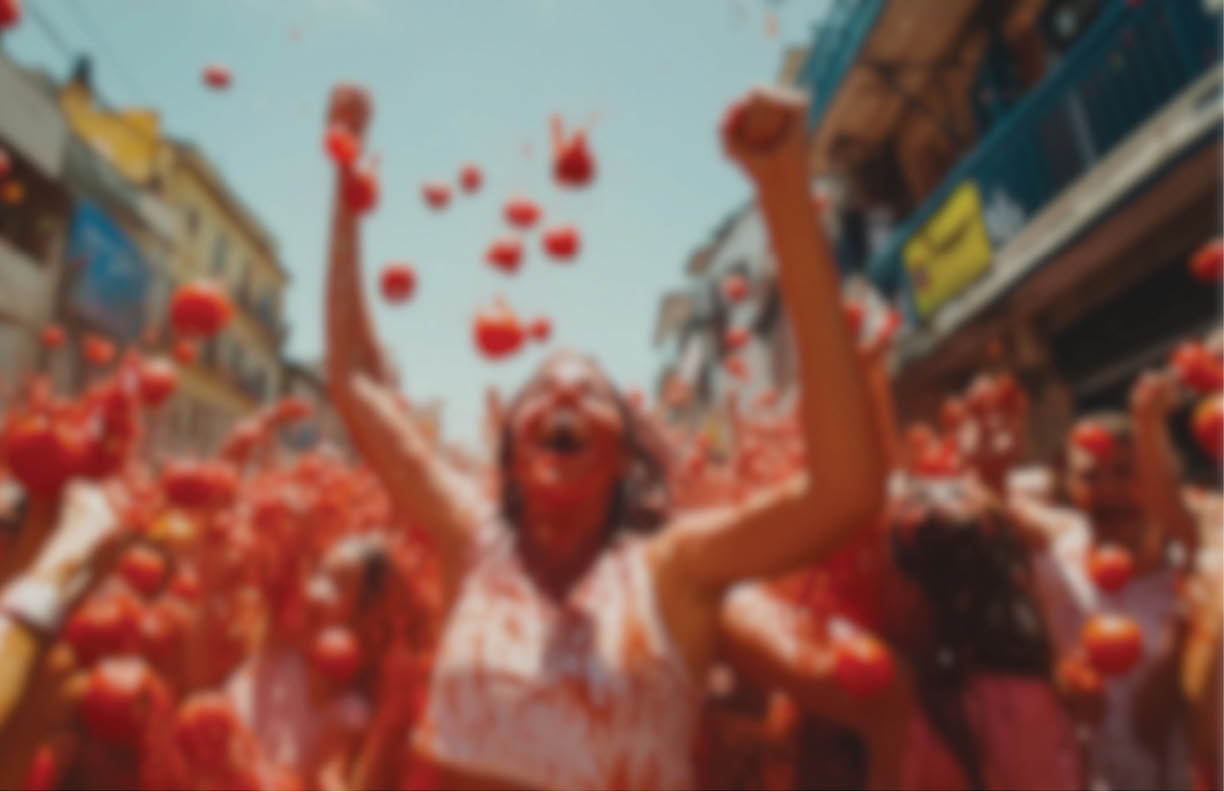 People throw tomatoes enthusiastically at the La Tomatina Festival, the background of city streets filled with red tomatoes and people cheering. Blur photo.