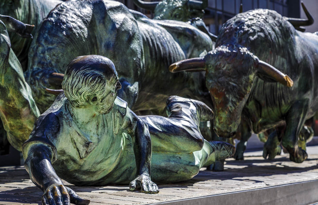 Pamplona, Spain - August 21, 2016: Monument of Encierro Running of the Bulls in historic part of Pamplona, the monument is dedicated to the traditional festival of San Fermin. by Rafael Huerta Celaya 