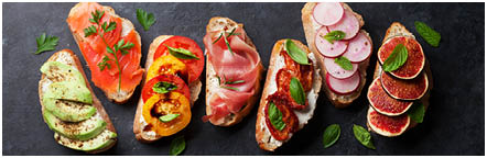 Brushetta or traditional spanish tapas. Appetizers italian antipasti snacks set. Top view and flat lay with space for your text