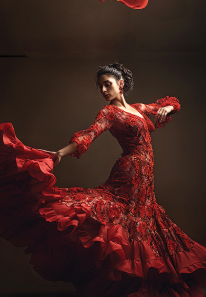 Beautiful flamenco dancer in red dress and dark background. AI generated image.