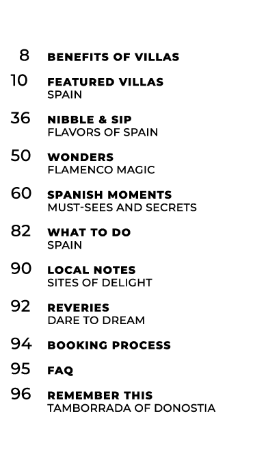  8 Benefits of Villas 10 Featured Villas SPAIN 36 Nibble & Sip FLAVORS OF SPAIN 50 Wonders Flamenco Magic 60 Spanish ...