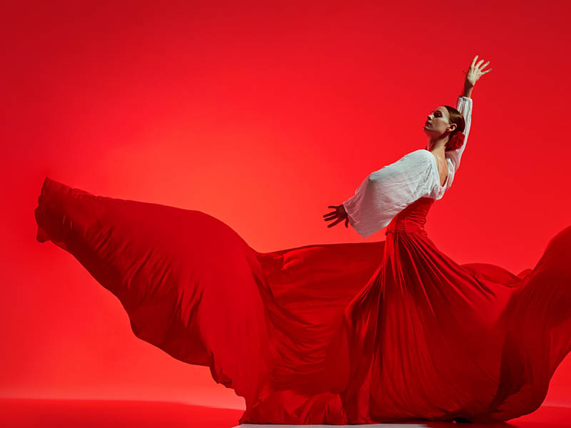 Passionate woman, flamenco dancer in stylish costume with skirt spreads like wings, performing against vivid red background. Concept of art of movement, classical dance, beauty, festival