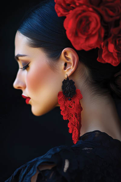 Elegant profile of flamenco dancer wearing bold red floral accessory and lace earring against deep black background. Sophisticated beauty and passion captured in dramatic light and vibrant details.