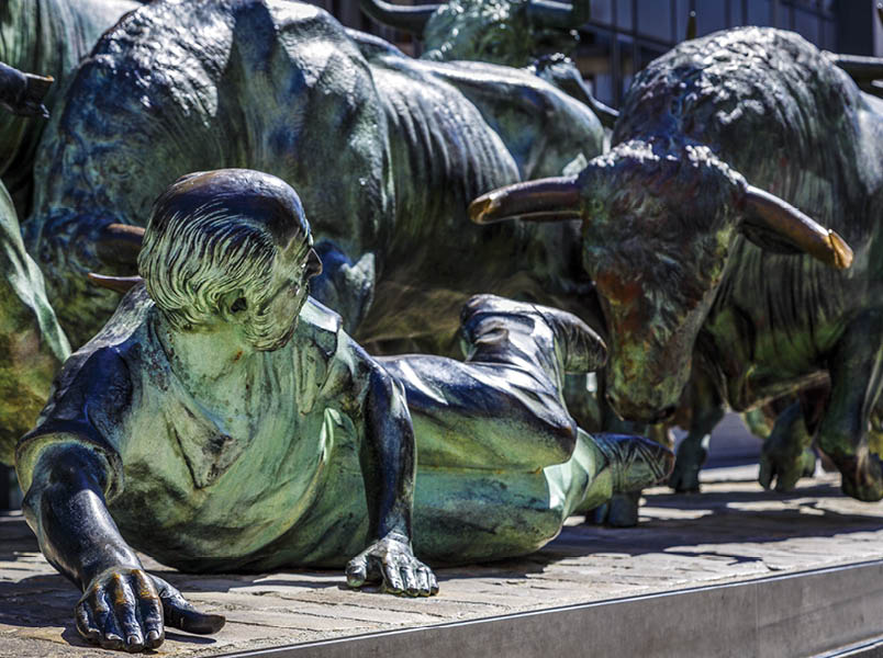 Pamplona, Spain - August 21, 2016: Monument of Encierro Running of the Bulls in historic part of Pamplona, the monument is dedicated to the traditional festival of San Fermin. by Rafael Huerta Celaya 