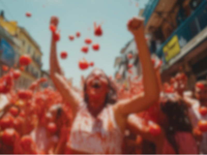 People throw tomatoes enthusiastically at the La Tomatina Festival, the background of city streets filled with red tomatoes and people cheering. Blur photo.