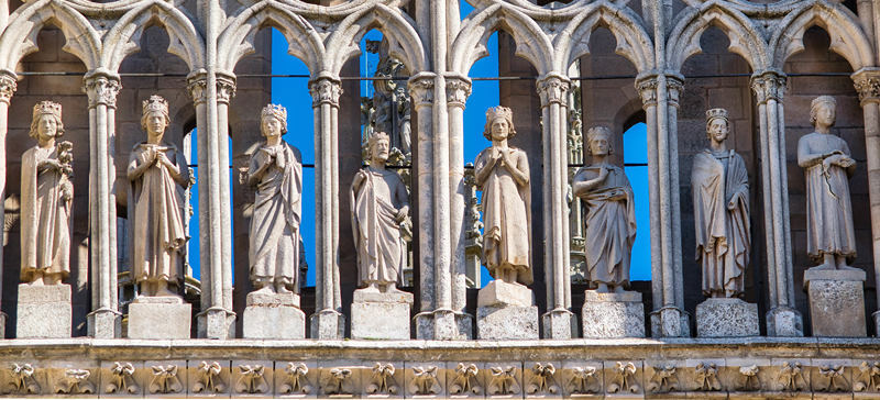 Statues of the first eight kings of Castile on the main facade of the Gothic cathedral of Burgos, Spain