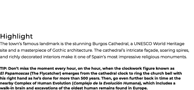  Highlight The town’s famous landmark is the stunning Burgos Cathedral, a UNESCO World Heritage site and a masterpiec...