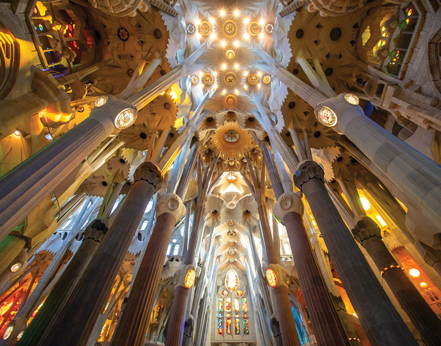 Barcelona, Spain - May 9, 2024: Interior of La Sagrada Familia cathedral, designed by Gaudi, it is being built since 1882.