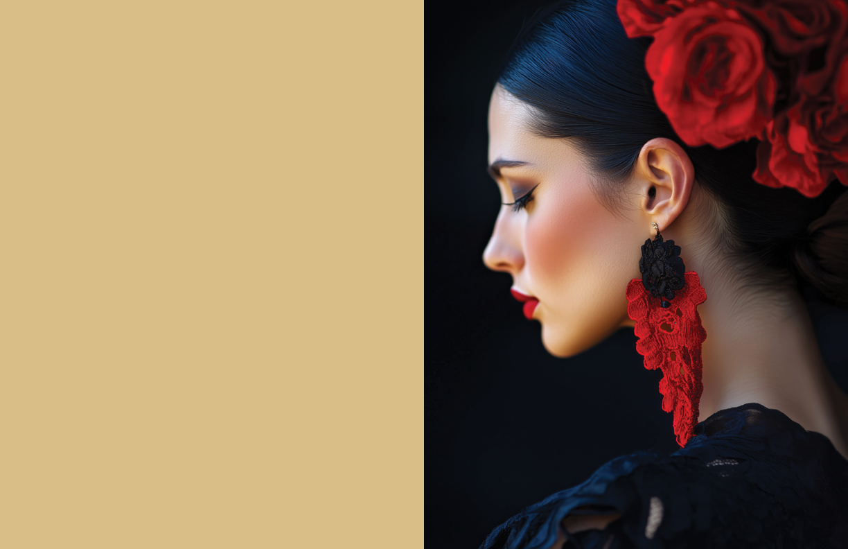 Elegant profile of flamenco dancer wearing bold red floral accessory and lace earring against deep black background. Sophisticated beauty and passion captured in dramatic light and vibrant details.