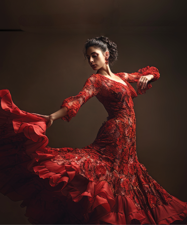 Beautiful flamenco dancer in red dress and dark background. AI generated image.