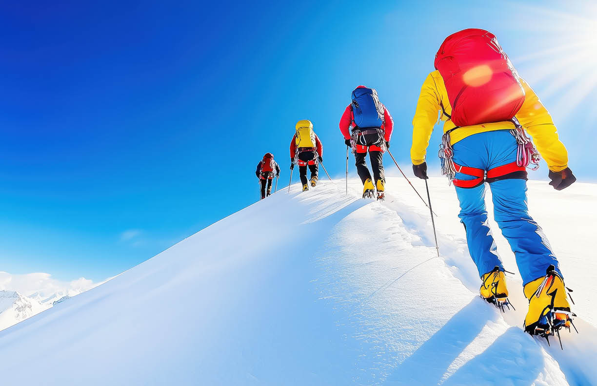Adventurous Climbers Hiking in Snowy Mountains with Bright Backpacks under Clear Blue Sky