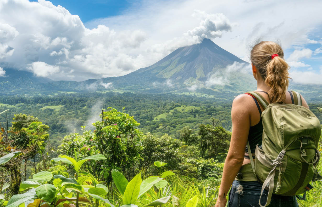 A woman is hiking in the mountains with a backpack on her back. The mountains are covered in lush green trees and the sky is clear and blue. The woman is looking out over the landscape