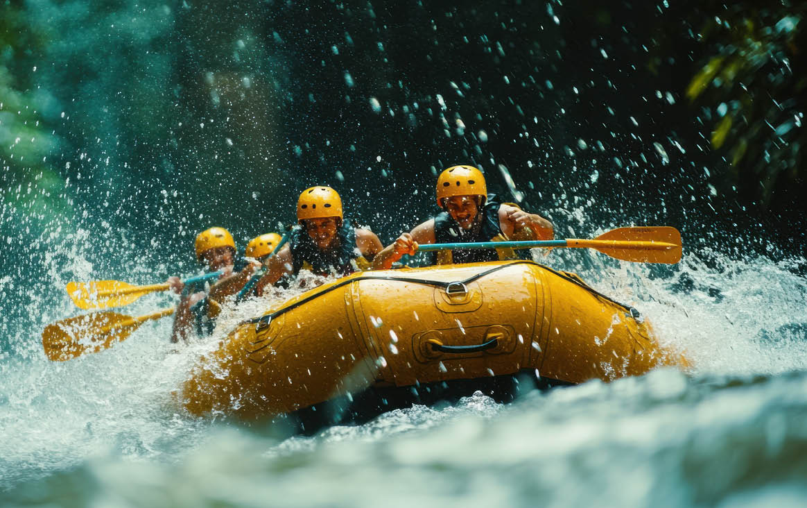 Adventurous team whitewater rafting through rapid, splashing water, showcasing teamwork and excitement.
