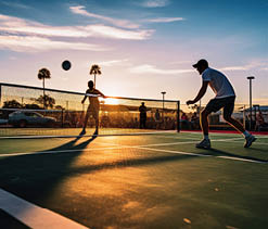 Pickleball is racket or paddle sport in which two (singles) or four (doubles) players hit a perforated hollow plastic ball. Players on pickleball court.