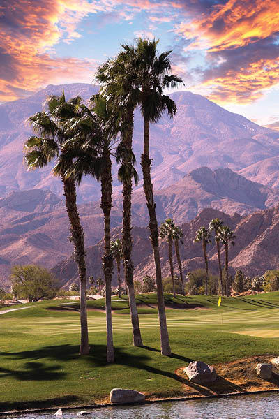golf course at sunset in palm springs, california, usa