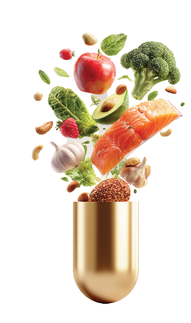 Healthy superfoods including salmon, vegetables, fruits, nuts, and seeds emerging from a golden capsule, symbolizing natural nutrition, supplements, and wellness innovation.