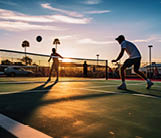 Pickleball is racket or paddle sport in which two (singles) or four (doubles) players hit a perforated hollow plastic ball. Players on pickleball court.