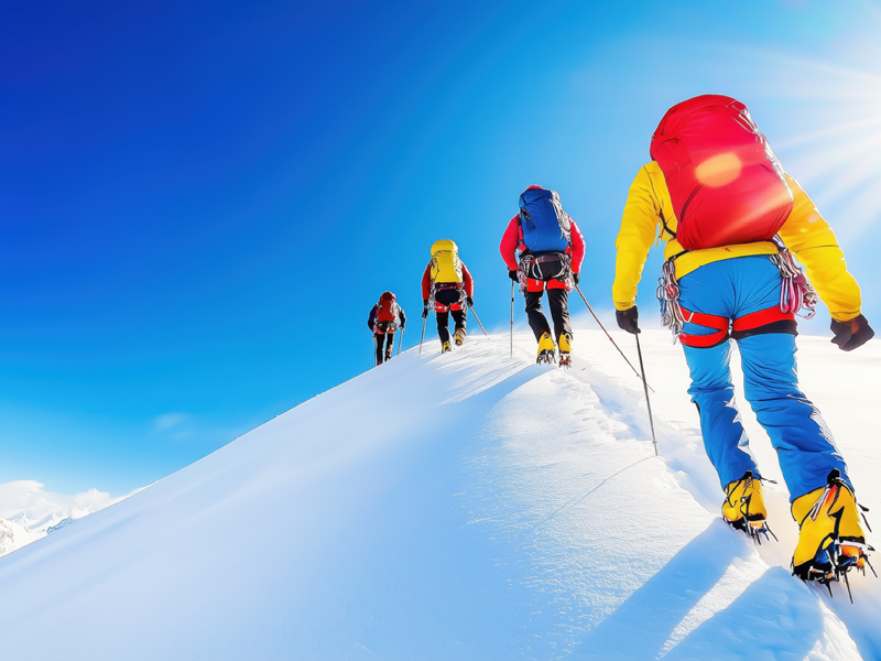 Adventurous Climbers Hiking in Snowy Mountains with Bright Backpacks under Clear Blue Sky