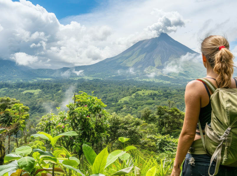 A woman is hiking in the mountains with a backpack on her back. The mountains are covered in lush green trees and the sky is clear and blue. The woman is looking out over the landscape