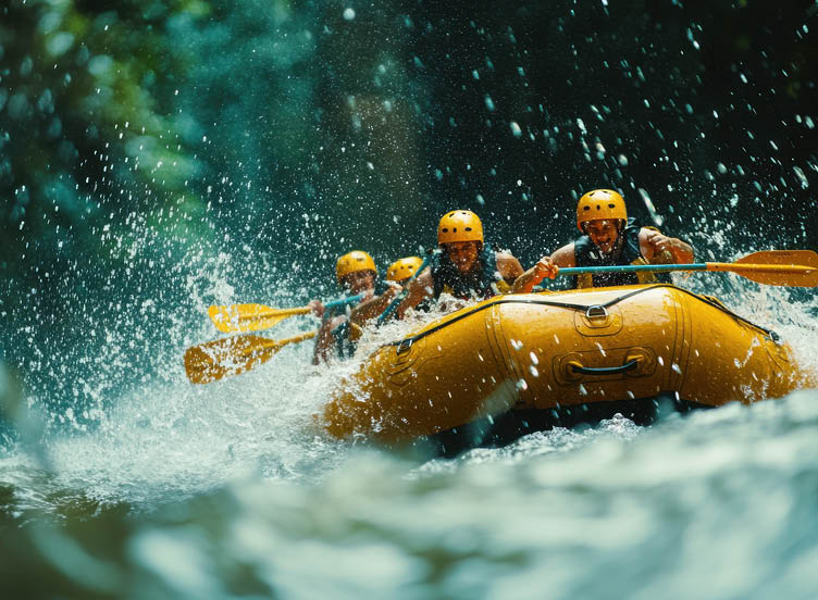 Adventurous team whitewater rafting through rapid, splashing water, showcasing teamwork and excitement.