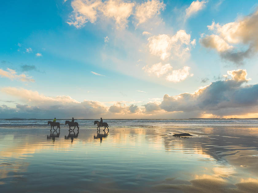 Horses walking on the beach at sunset. Three people riding horses at seaside on a cloudy day. Epic photo, wide angle shot, backlight with silhouette. Sport and travel concepts