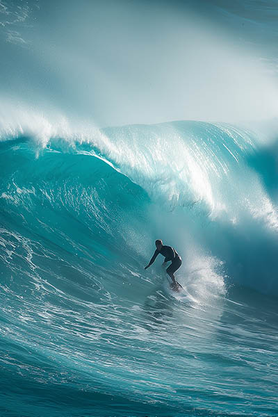 Surfer rides massive, turquoise wave with grace. Water explodes in white foam around his silhouette. Crisp blue light illuminates the curling crest. Momentum and thrill pulse through the action