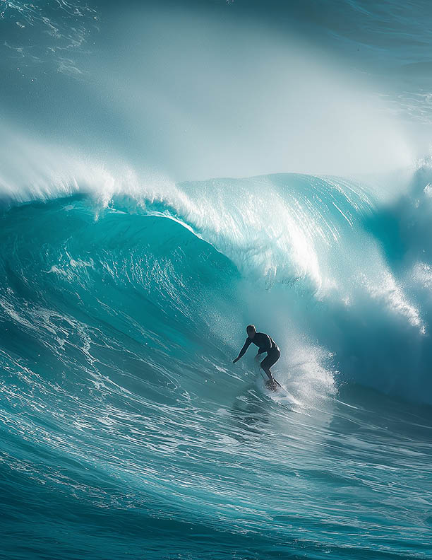 Surfer rides massive, turquoise wave with grace. Water explodes in white foam around his silhouette. Crisp blue light illuminates the curling crest. Momentum and thrill pulse through the action