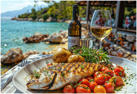 A sumptuous meal of grilled fish, roasted potatoes, and cherry tomatoes, paired with a glass of white wine by the sea, evokes the essence of coastal cuisine.