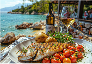 A sumptuous meal of grilled fish, roasted potatoes, and cherry tomatoes, paired with a glass of white wine by the sea, evokes the essence of coastal cuisine.