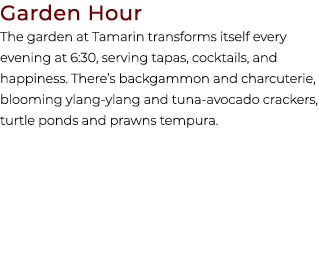 Garden Hour The garden at Tamarin transforms itself every evening at 6:30, serving tapas, cocktails, and happiness. T...