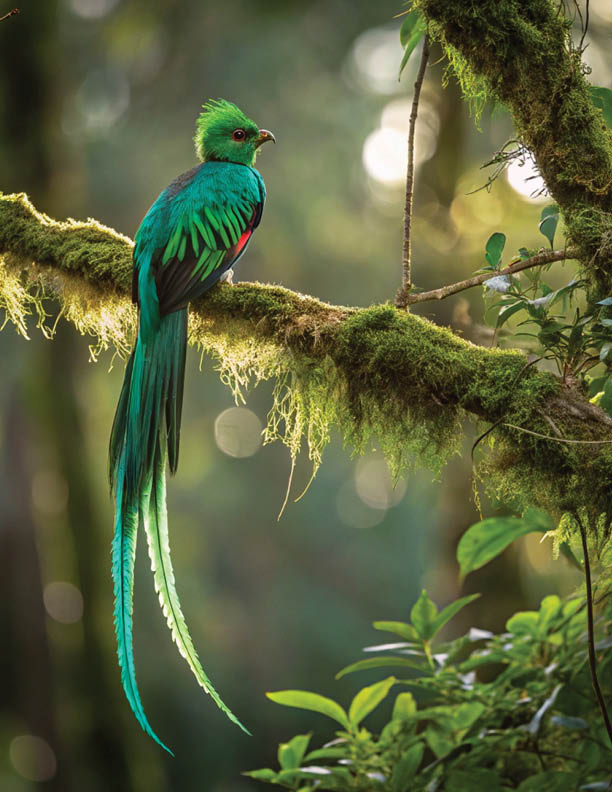 Male quetzal (Pharomachrus mocinno) in flight, Costa Rica