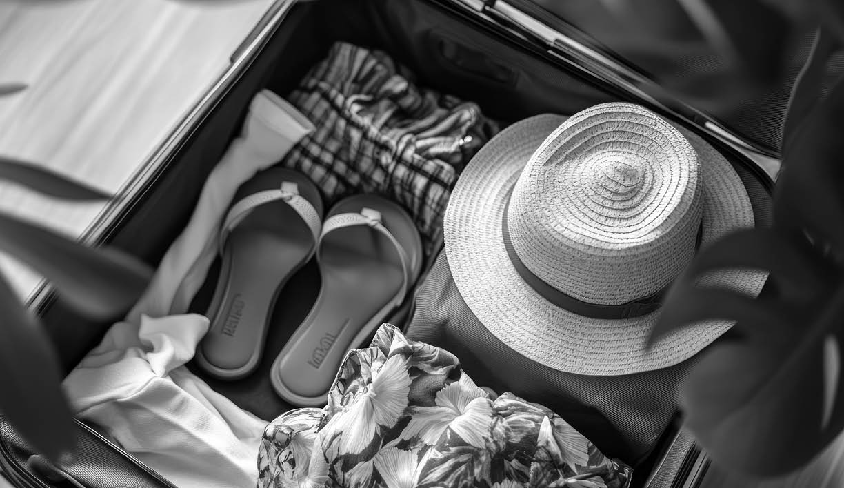 A green suitcase packed with a hat, sandals and clothes with a tropical print, ready for a summer vacation. Tropical leaves complete the scene, suggesting a journey to a warm destination.