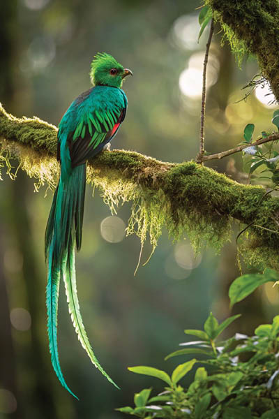 Male quetzal (Pharomachrus mocinno) in flight, Costa Rica
