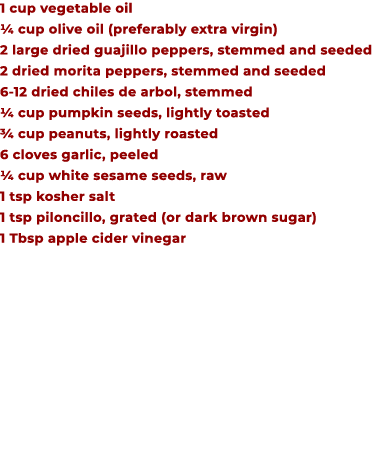 1 cup vegetable oil ¼ cup olive oil (preferably extra virgin) 2 large dried guajillo peppers, stemmed and seeded 2 dr...